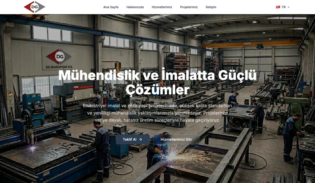 Webesso ile hazırlanan DG Endüstriyel site örneğinin ana sayfası