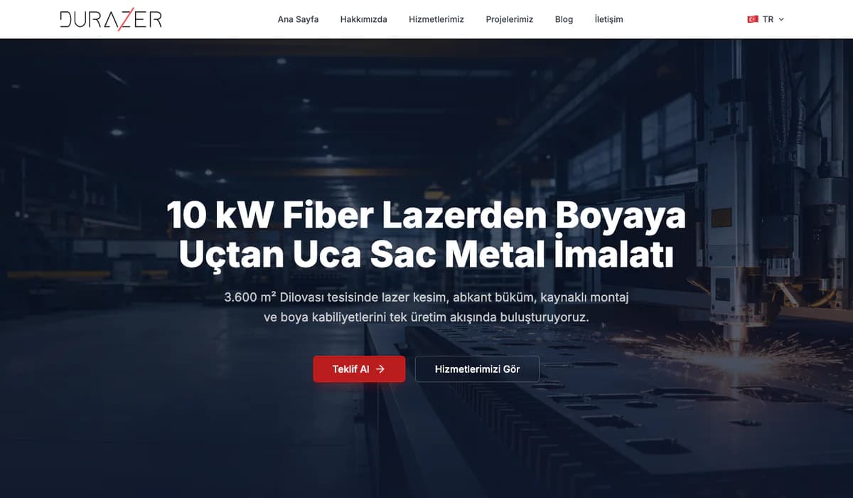 Webesso ile hazırlanan Durazer site örneğinin ana sayfası