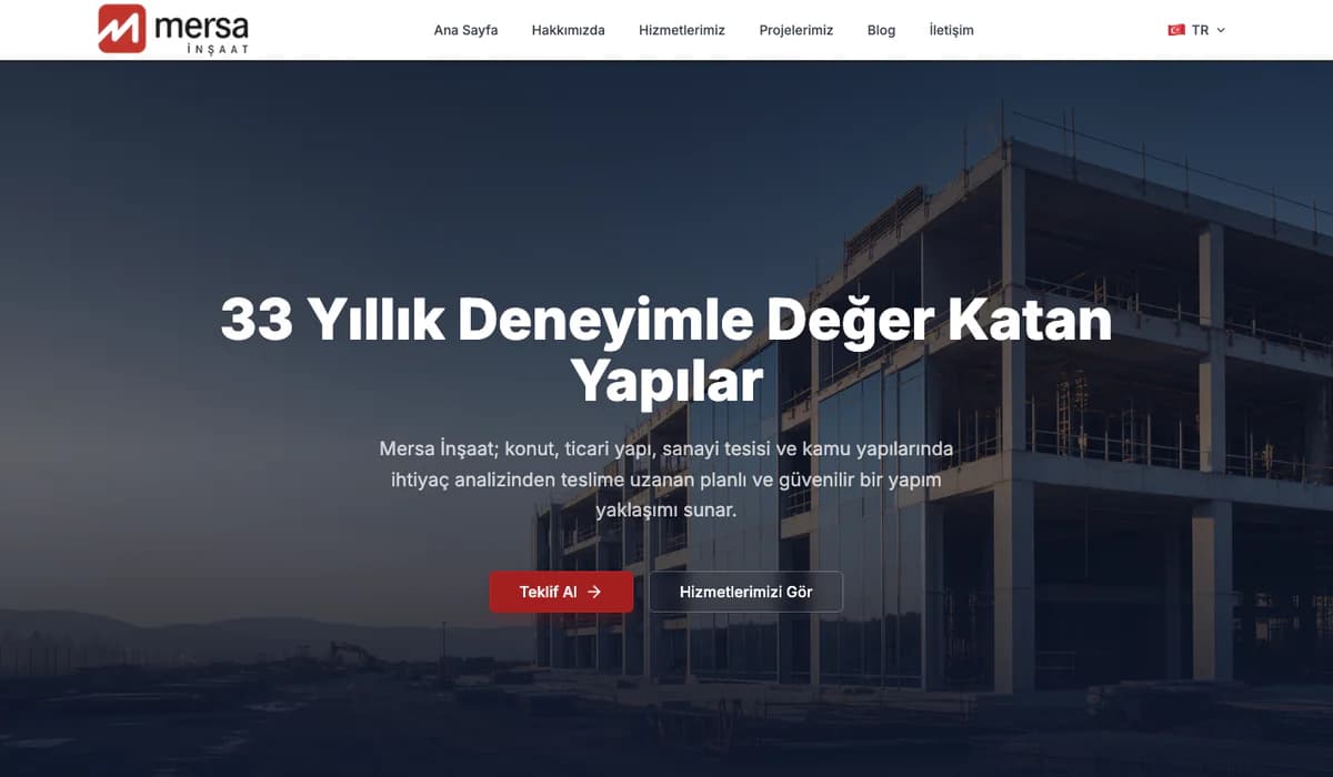Webesso ile hazırlanan Mersa İnşaat site örneğinin ana sayfası